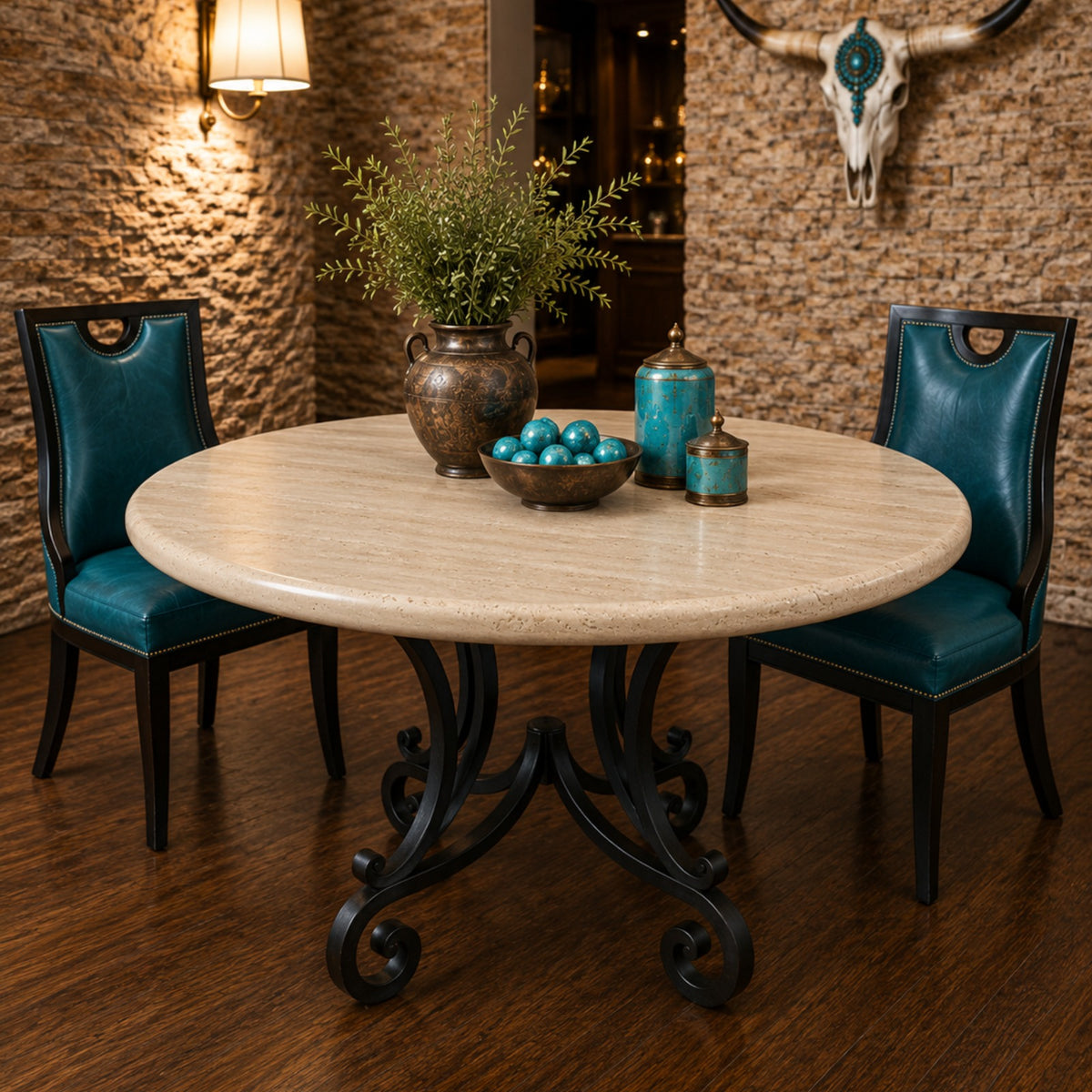 Round Cream Travertine Dining Table with Hand-Forged Iron Base -1215D