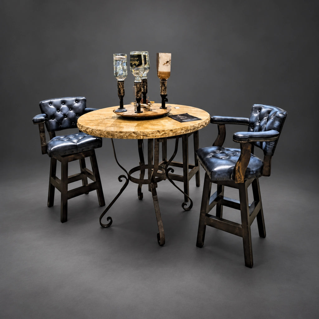 Round Travertine Bar Table with Iron Scroll Base | 1239 E