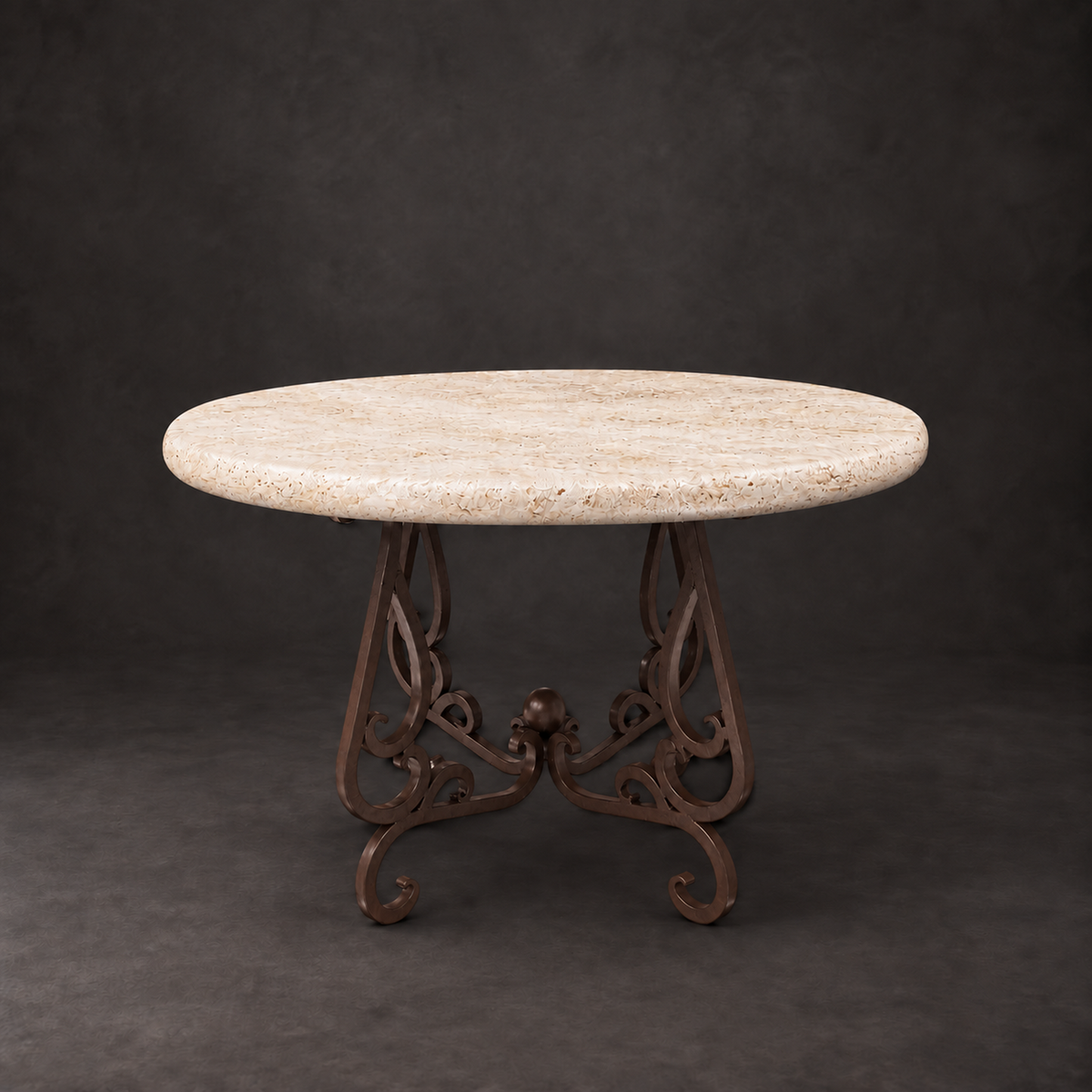 Round Peach Travertine Dining Table with Ornate Iron Base | 1240 D