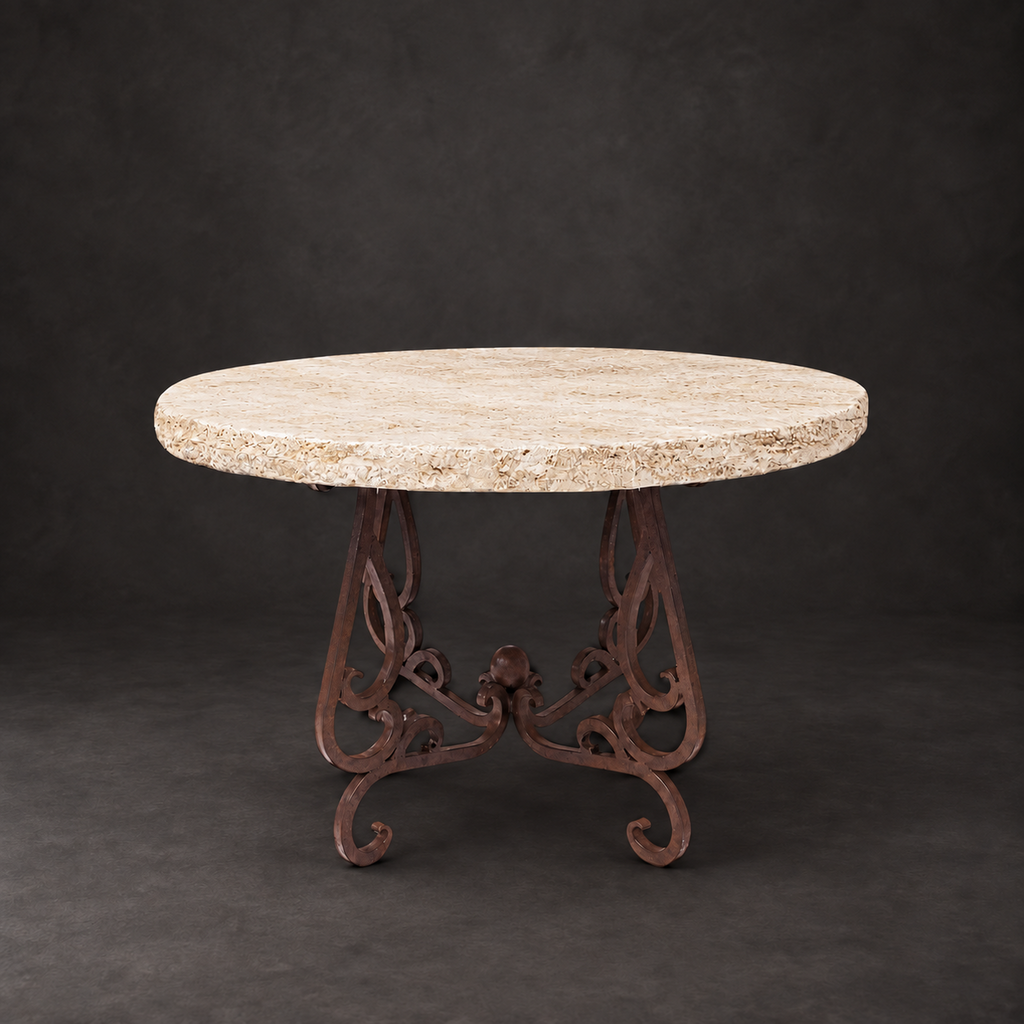 Round Peach Travertine dining table with a chiseled edge and ornate brown iron base, model 1240 D,