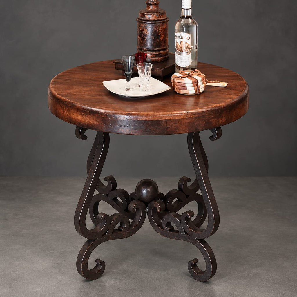 Round mesquite bullnose accent table, 24 inch diameter, with handcrafted wrought iron scroll base, Model 1240 BB