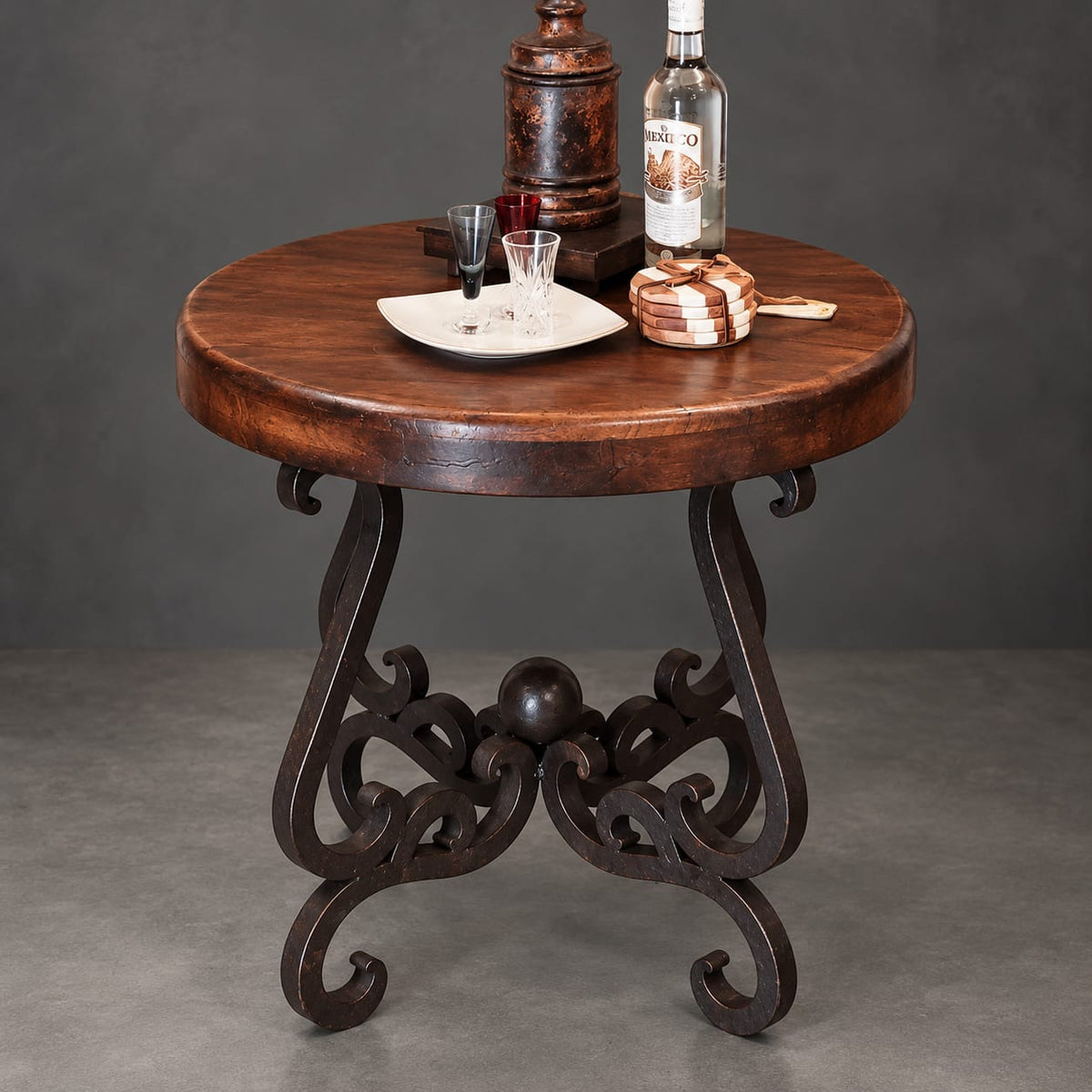 Round mesquite bullnose accent table, 24 inch diameter, with handcrafted wrought iron scroll base, Model 1240 BB