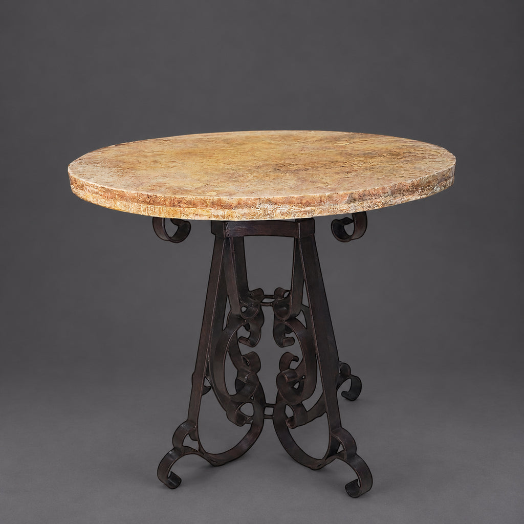 Round Travertine Table with Ornate Iron Pedestal | 1251 E
