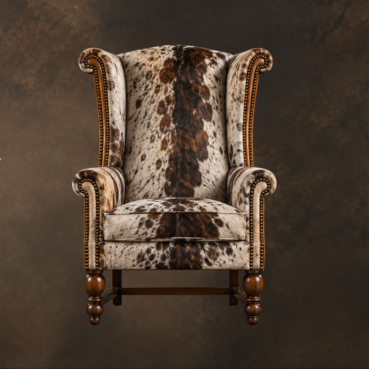 3012D cowhide wingback arm chair with rolled arms, nailhead trim and turned wood legs