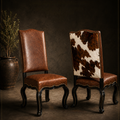 3014C leather and cowhide dining chair with nailhead trim and sculpted wood frame