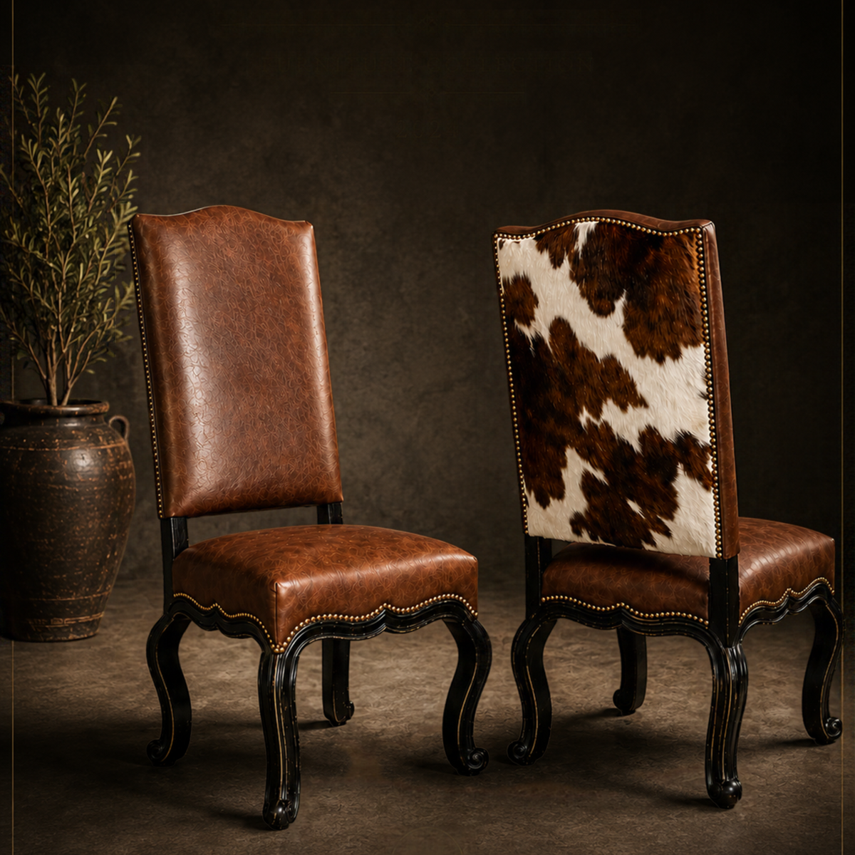 3014C leather and cowhide dining chair with nailhead trim and sculpted wood frame