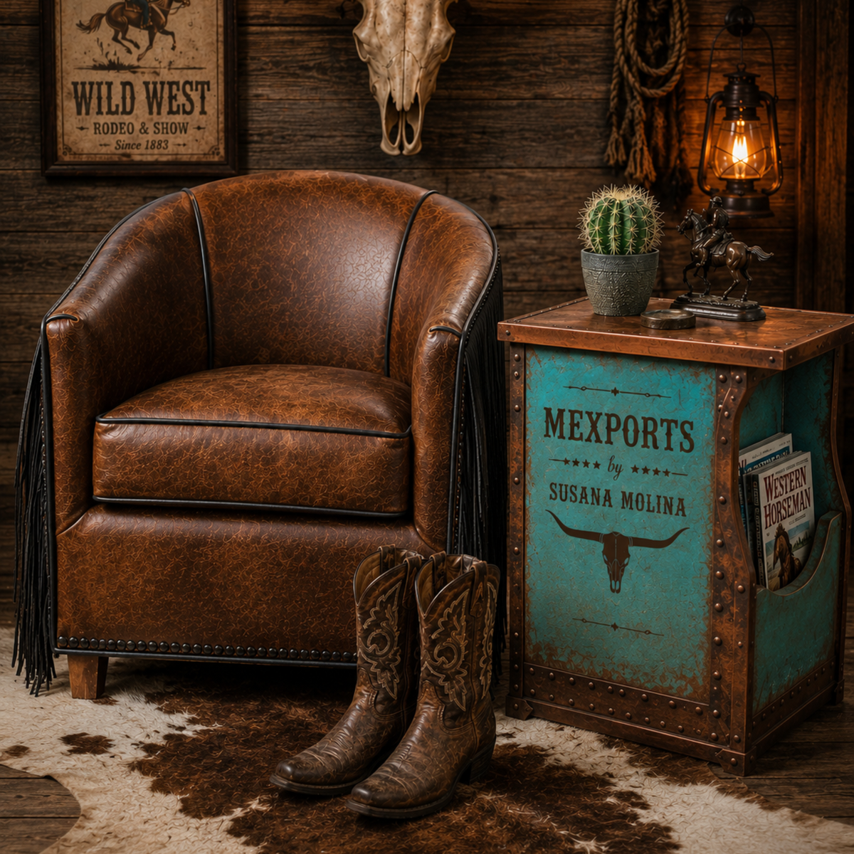 3021 brown leather barrel chair with Western fringe and nailhead trim