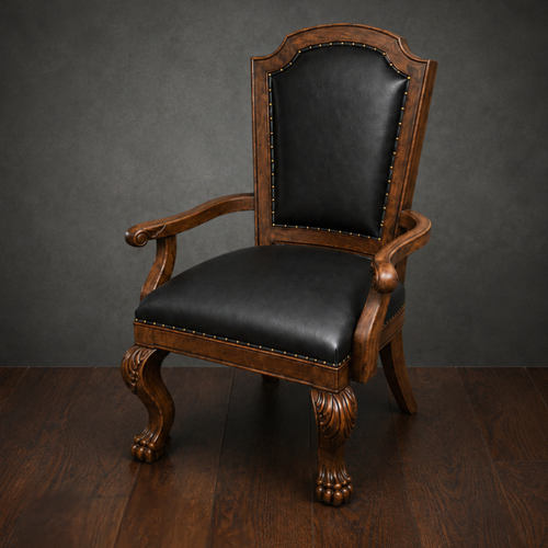 3024 black leather arm dining chair with carved wood frame and nailhead trim