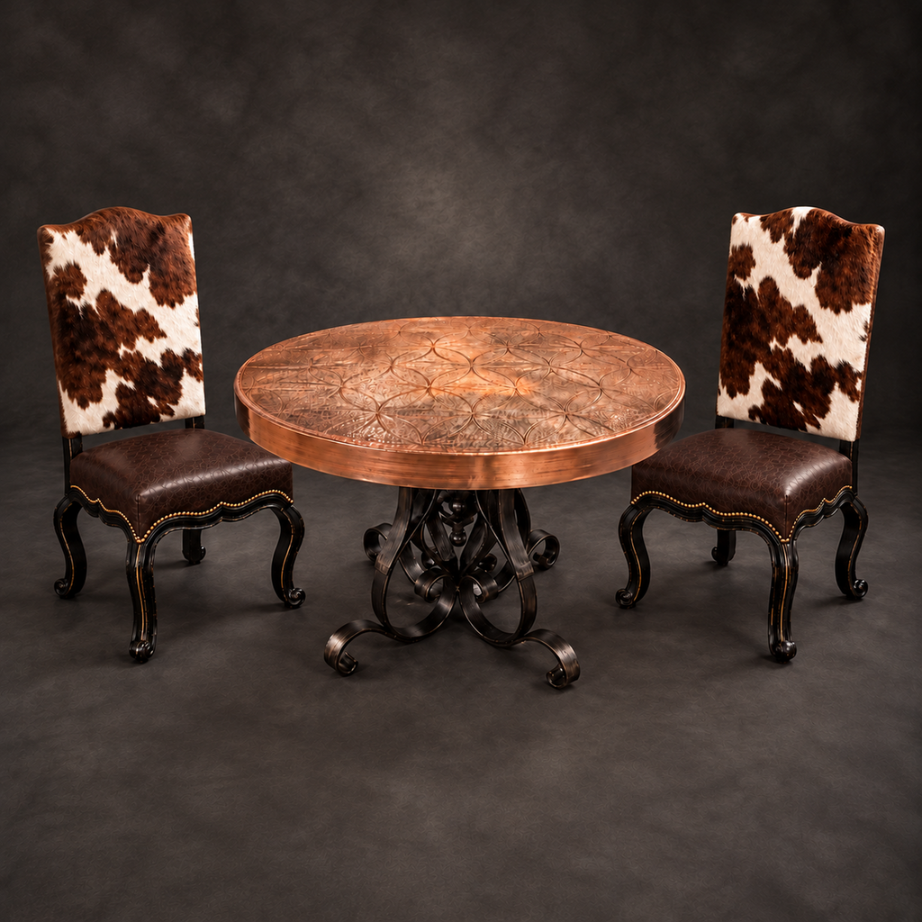 Round Engraved Copper Dining Table with Hand-Forged Iron Base – Model 1246D