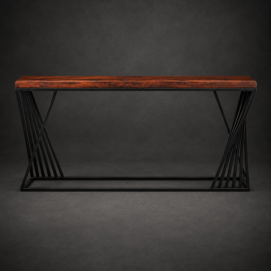 Mesquite Console Table with Geometric Black Iron Base – Model 1266C