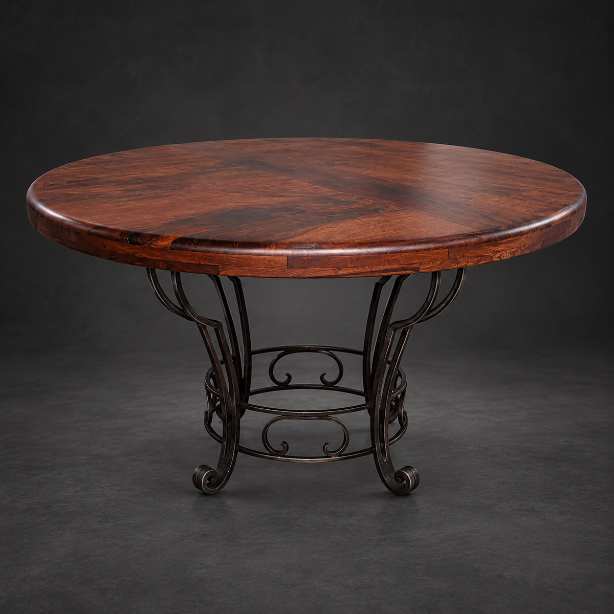 Round Mesquite Dining Table with Hand-Forged Iron Base – Model 1231D