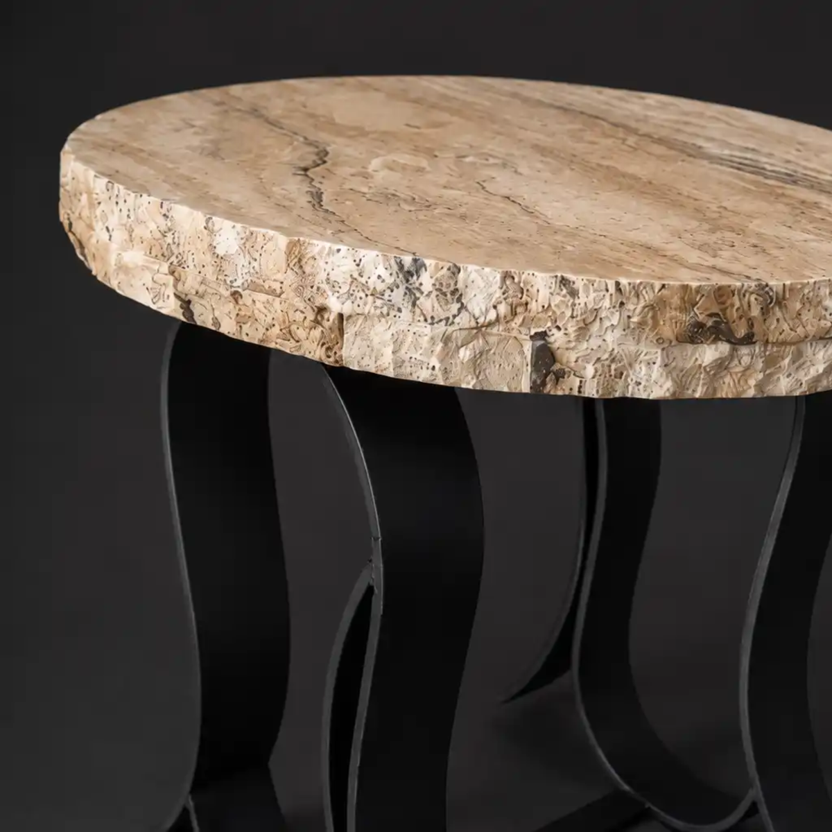 Round Travertine Cream Chiseled Side Table – 1222BB