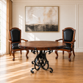 1246D round copper dining table with decorative hand-forged black iron pedestal base