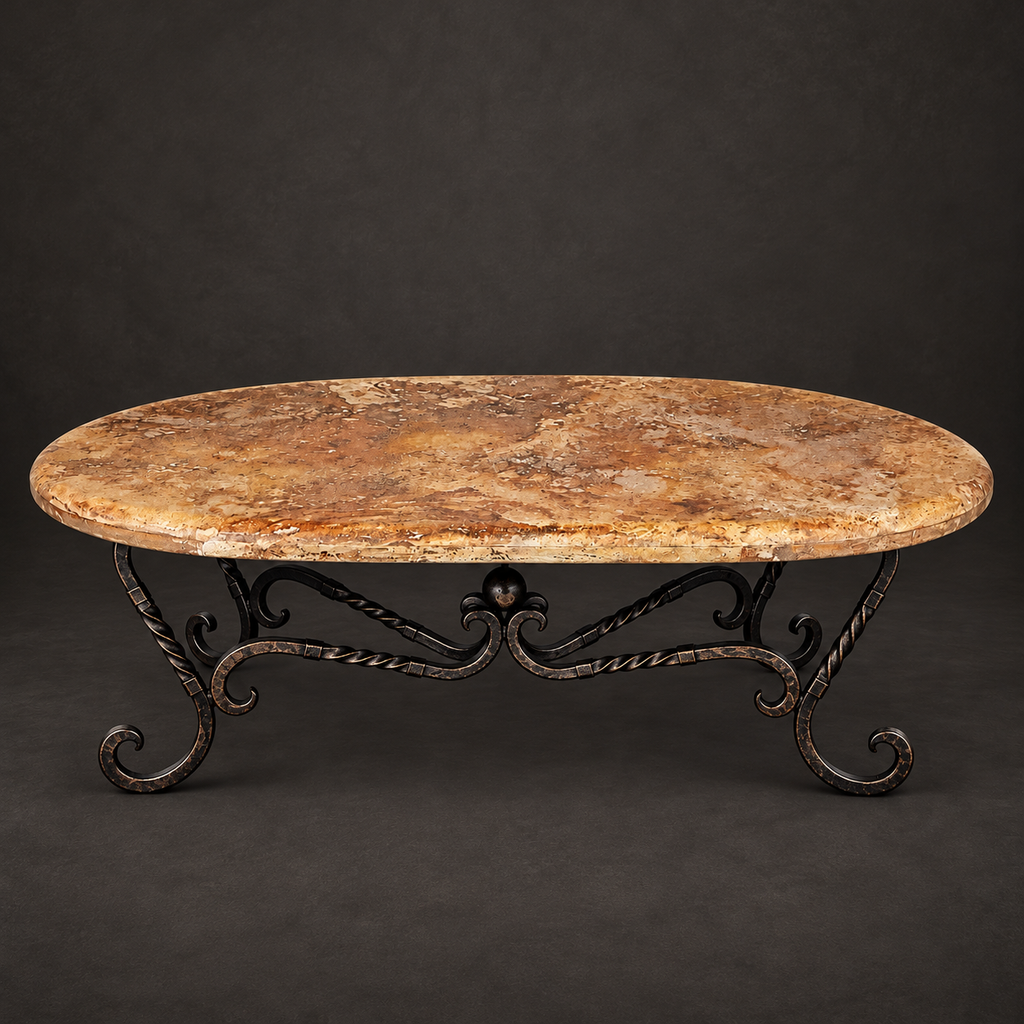 Oval Travertine Coffee Table with Hand-Forged Iron Base – Model 1211AA