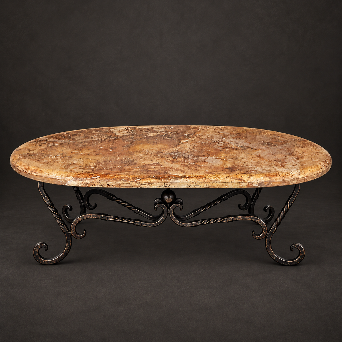 Oval Travertine Coffee Table with Hand-Forged Iron Base – Model 1211AA