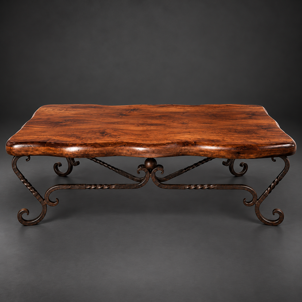 Mesquite Free Form Coffee Table with Hand-Forged Iron Base – Model 1211AA