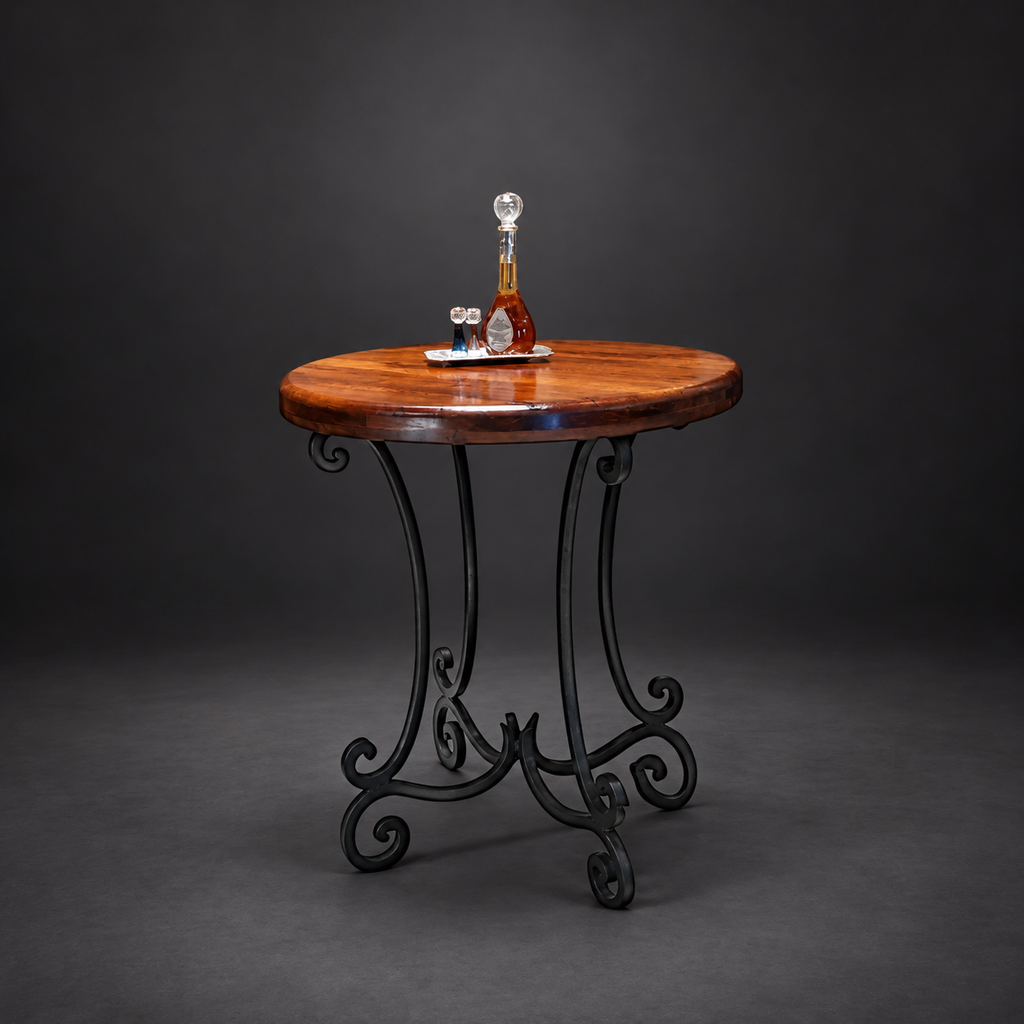 Round Mesquite Pub Table with Hand-Forged Iron Base – Model 1215E