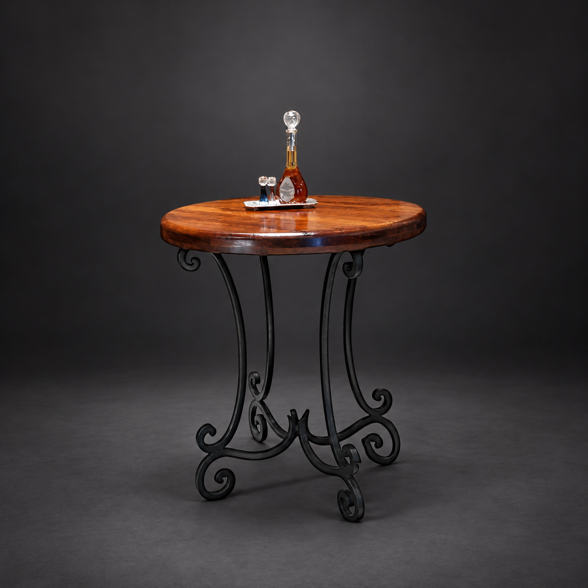 Round Mesquite Pub Table with Hand-Forged Iron Base – Model 1215E