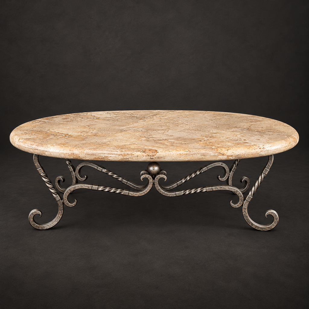 Oval Travertine Coffee Table with Hand-Forged Iron Base – Model 1211AA