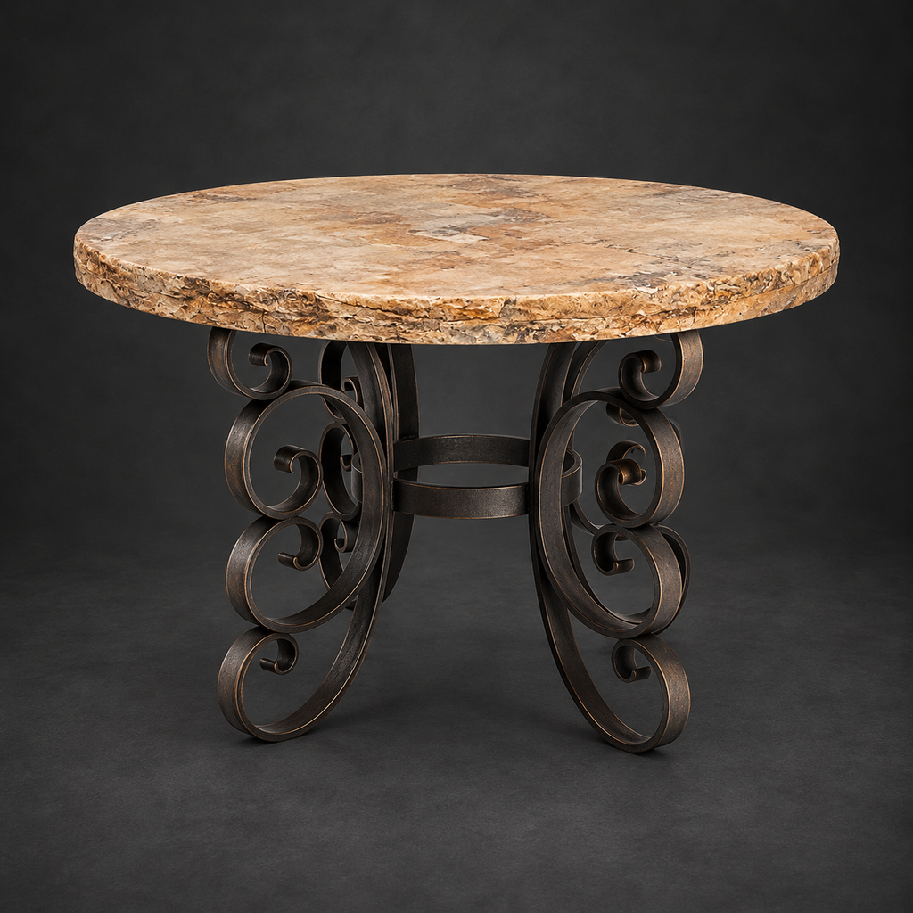 Round Travertine Dining Table with Scrollwork Iron Base | 1247 D