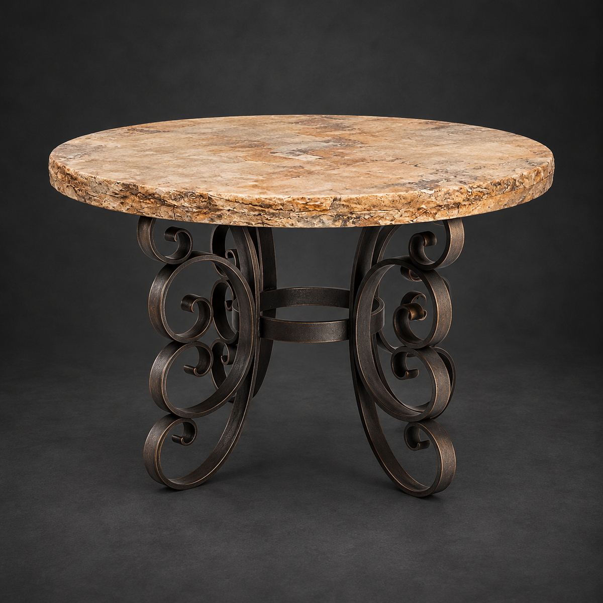 Round Travertine Dining Table with Scrollwork Iron Base | 1247 D