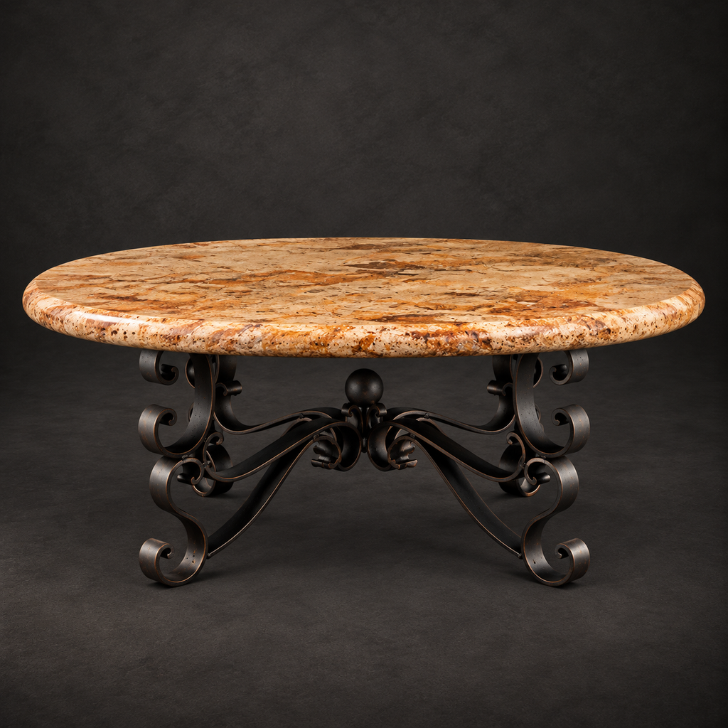 Round Travertine Coffee Table with Ornate Iron Base – Model 1237AAA