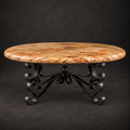 Round Travertine Coffee Table with Ornate Iron Base – Model 1237AAA