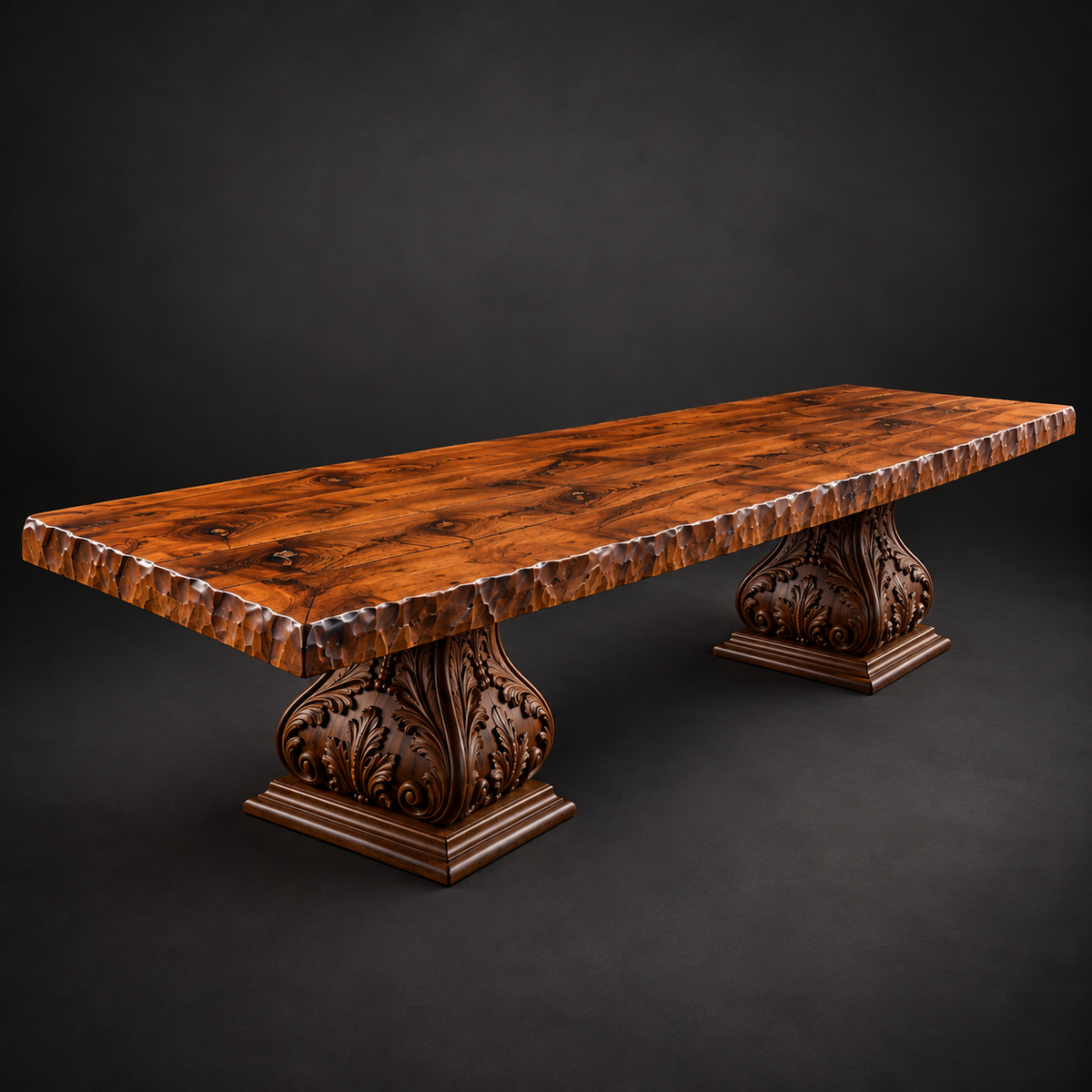 Mesquite Live Edge Dining Table with Carved Double Pedestal Base – Model 1208R