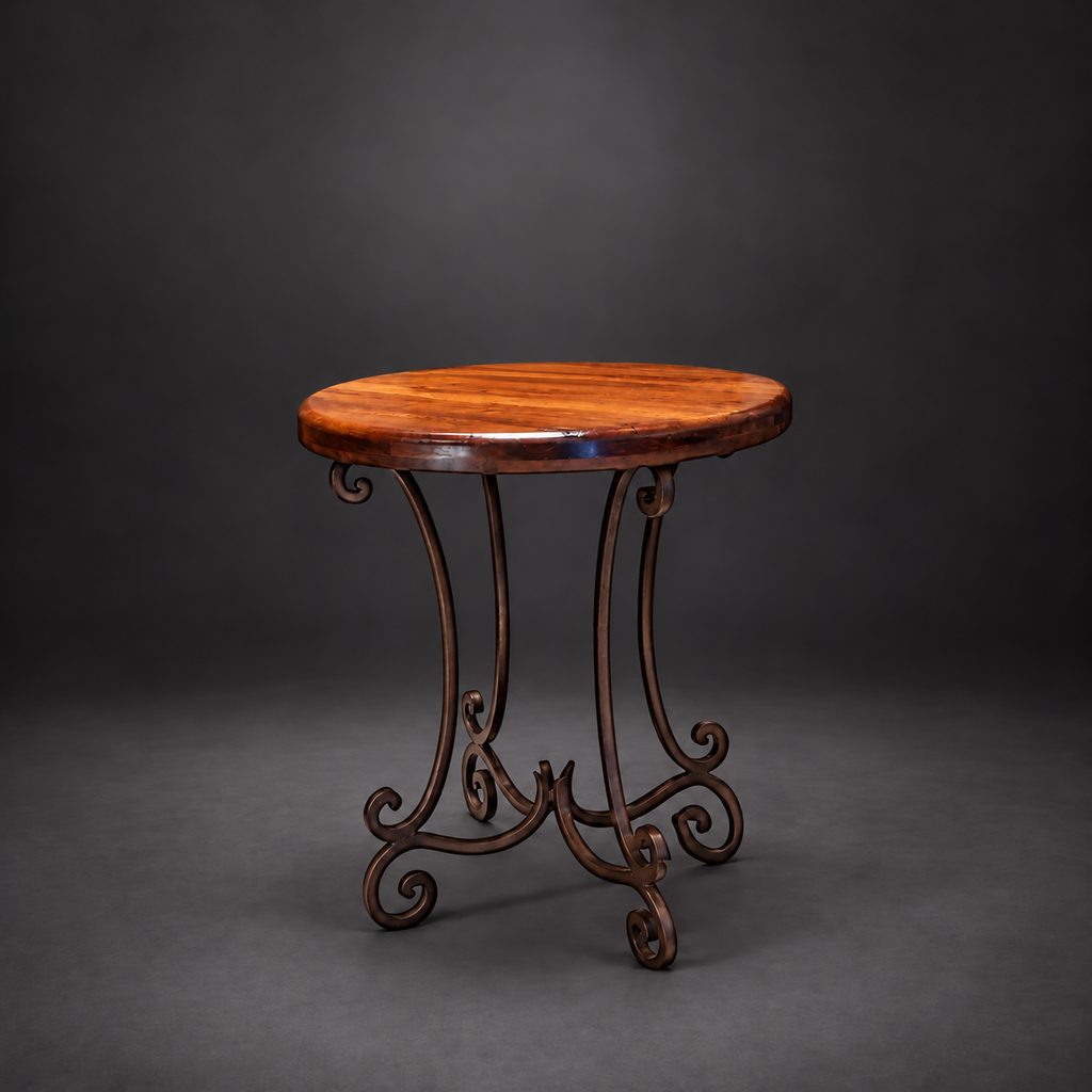 Round Mesquite Pub Table with Hand-Forged Iron Base – Model 1215E