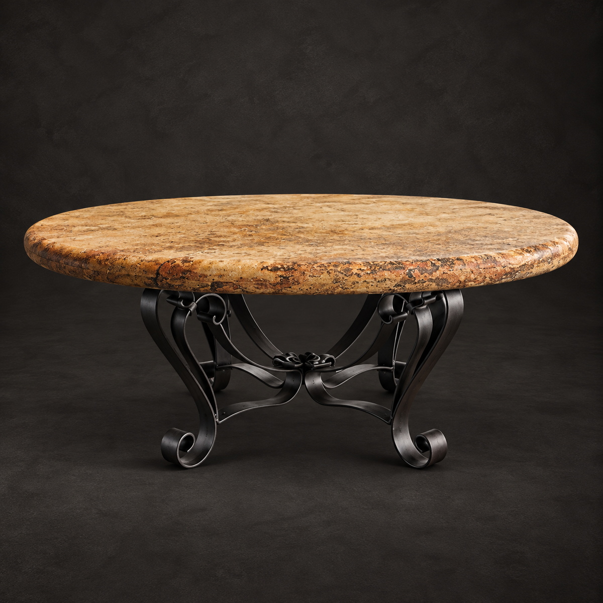 Round Peach Travertine Coffee Table with Wrought Iron Base – Model 1229AAA