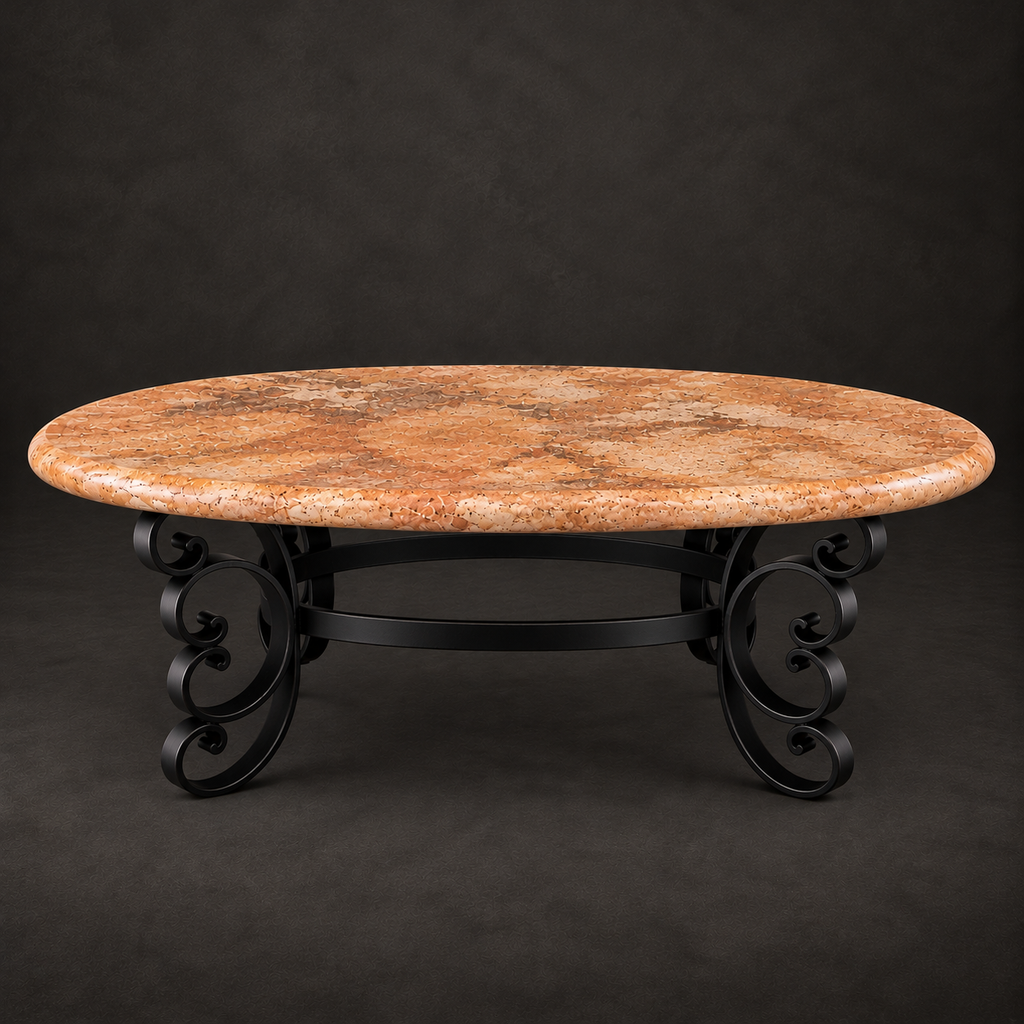 Oval Travertine Coffee Table with Decorative Iron Base – Model 1247AA