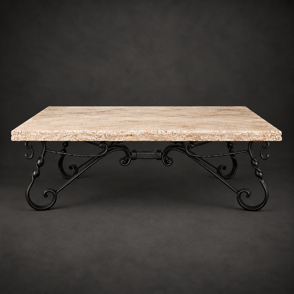 Rectangular Travertine Coffee Table with Hand-Forged Iron Base – Model 1212AA