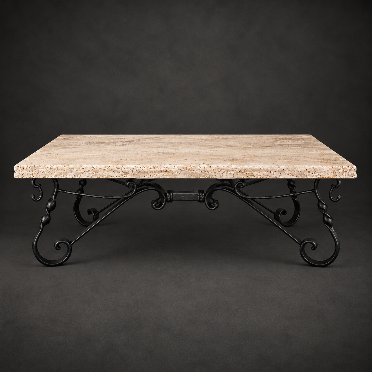 Rectangular Travertine Coffee Table with Hand-Forged Iron Base – Model 1212AA