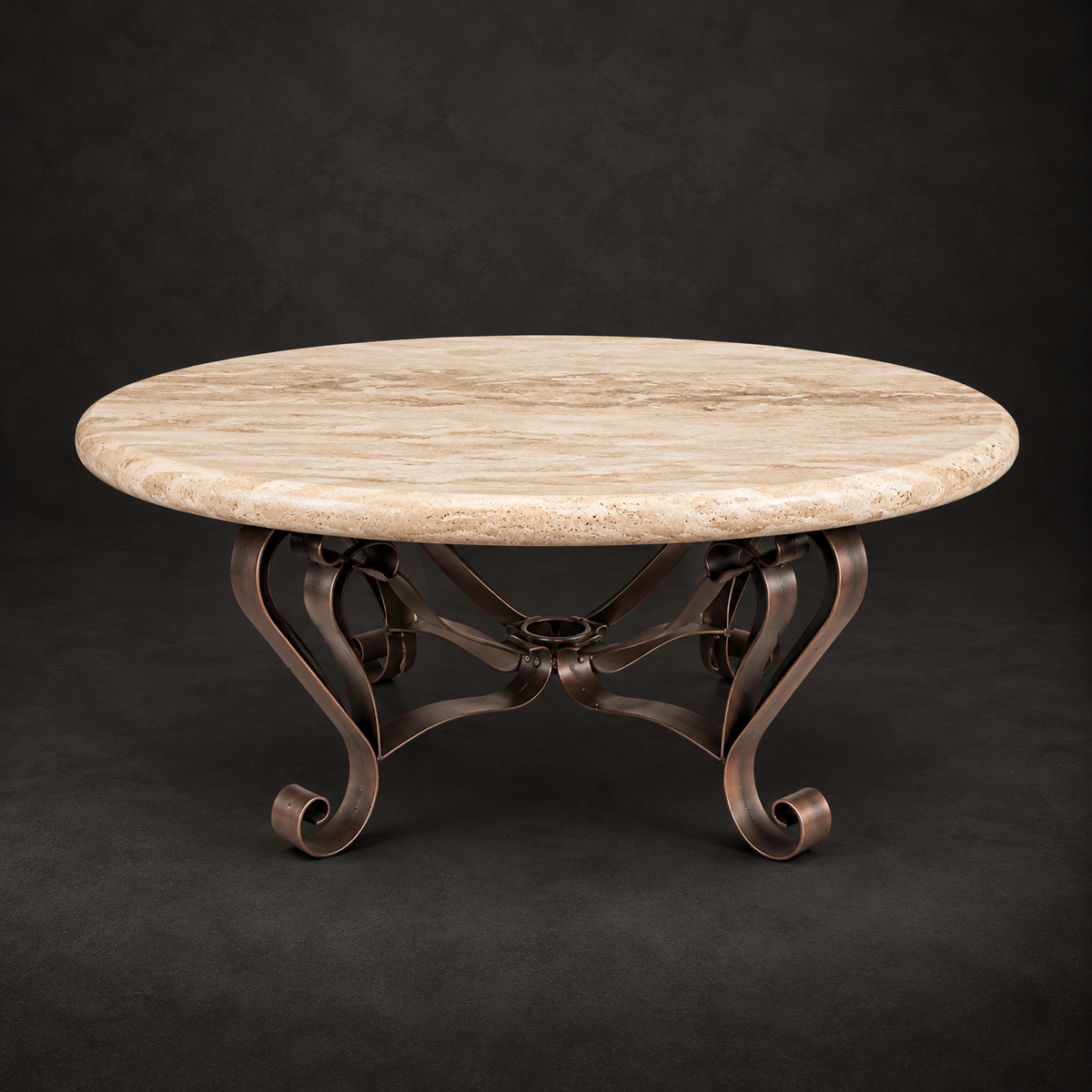 Round Peach Travertine Coffee Table with Wrought Iron Base – Model 1229AAA