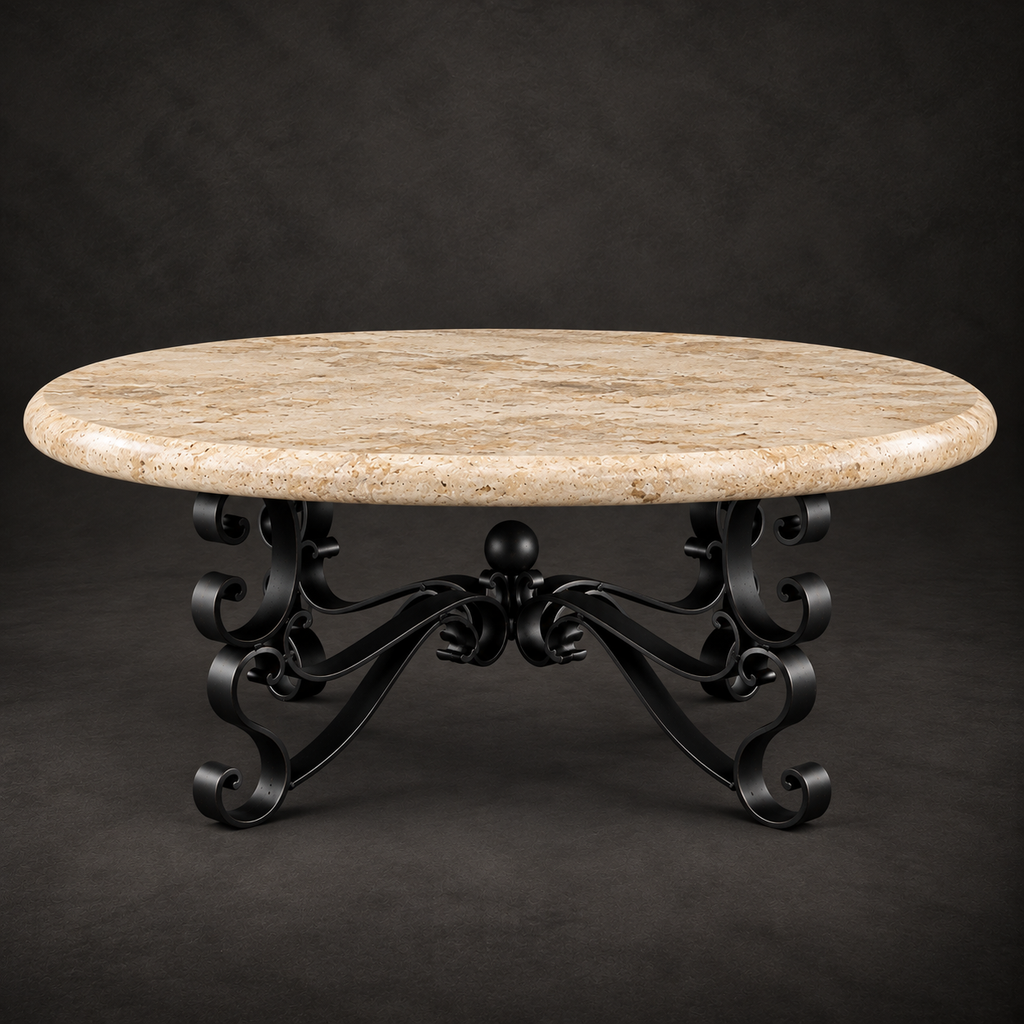 Round Travertine Coffee Table with Ornate Iron Base – Model 1237AAA