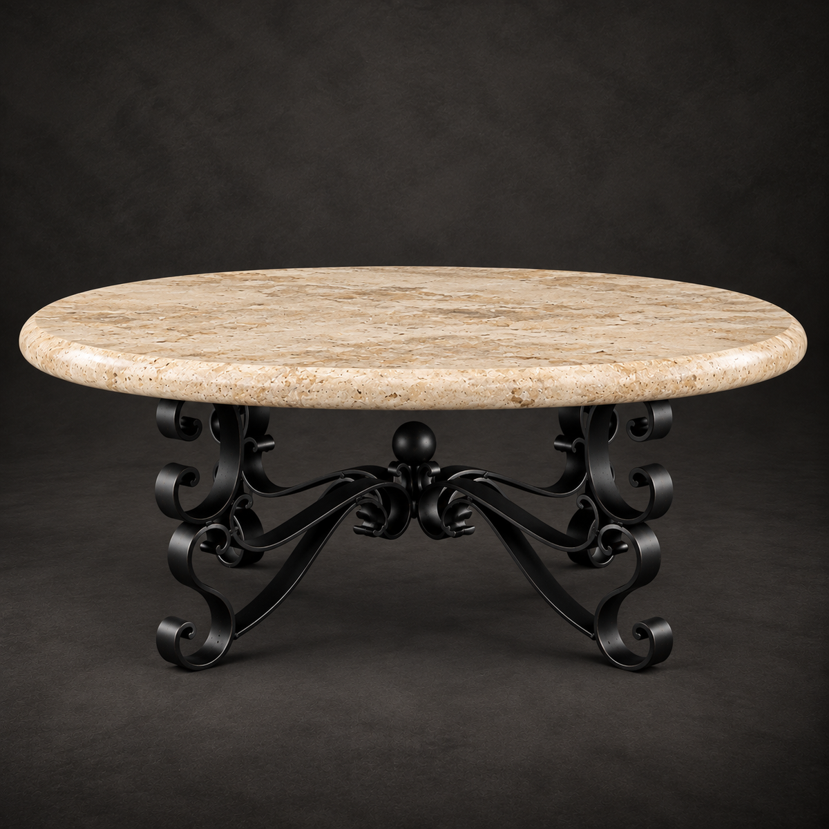 Round Travertine Coffee Table with Ornate Iron Base – Model 1237AAA