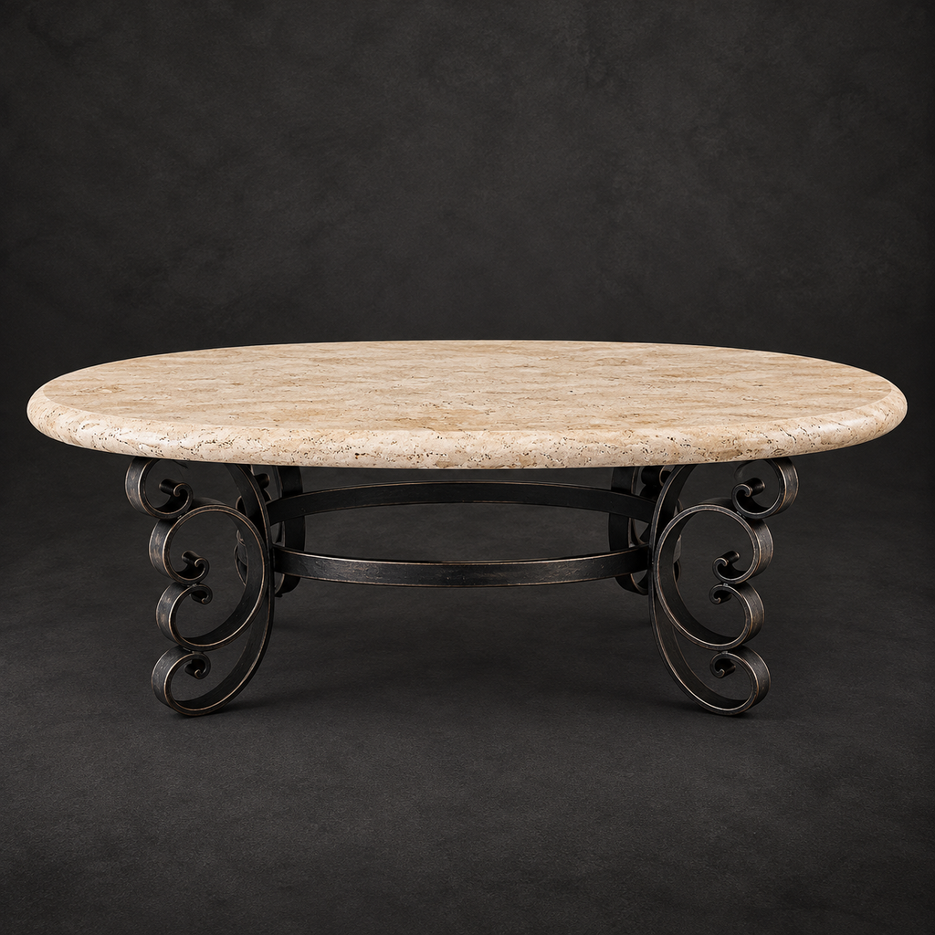 Oval Travertine Coffee Table with Decorative Iron Base – Model 1247AA