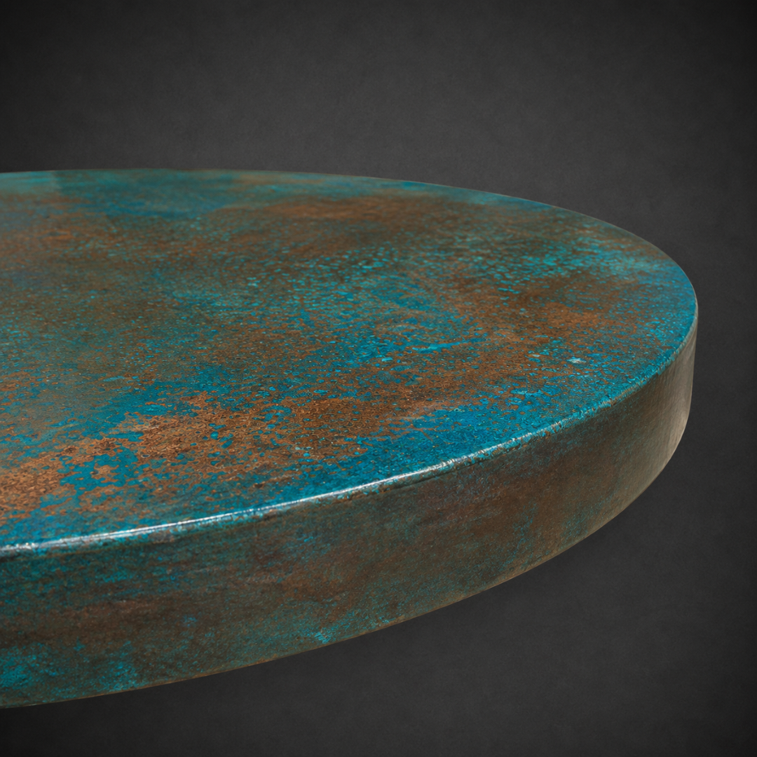 Round Oxidized Copper Pub Table with Hand-Forged Iron Base – Model 1215E