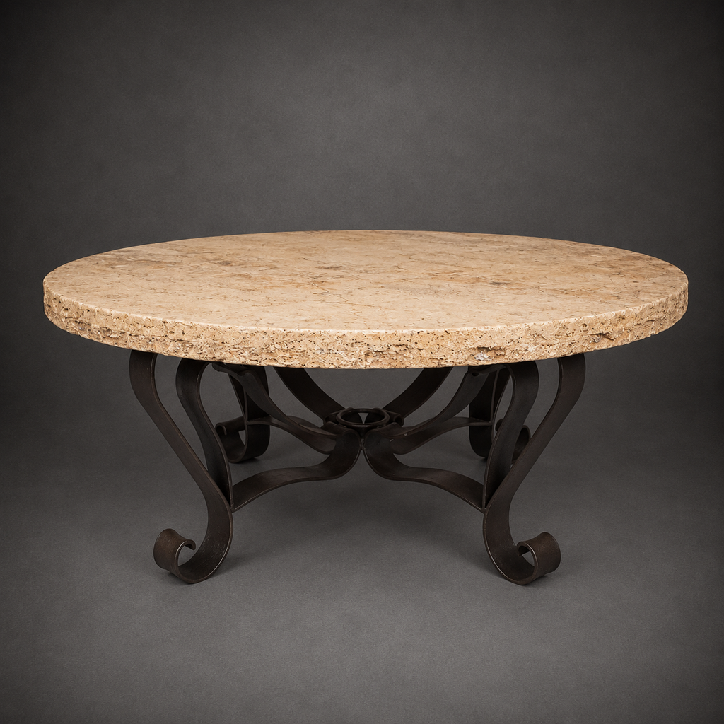 Round Peach Travertine Coffee Table with Wrought Iron Base – Model 1229AAA