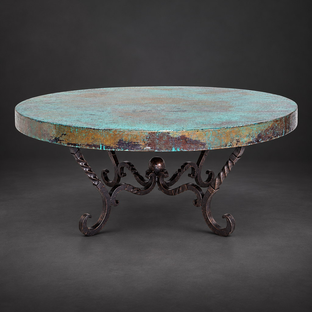 Round Natural Copper Coffee Table with Hand-Forged Iron Base – Model 1211AAA