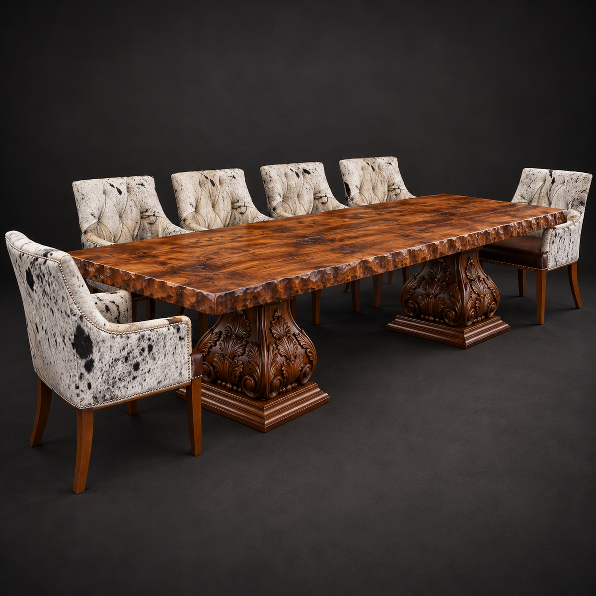 Mesquite Live Edge Dining Table with Carved Double Pedestal Base – Model 1208R