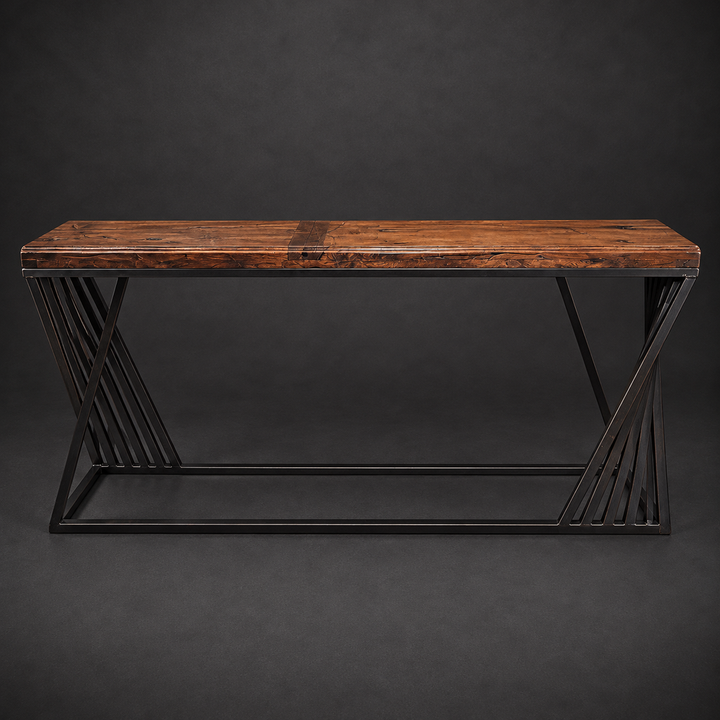 Mesquite Console Table with Geometric Black Iron Base – Model 1266C