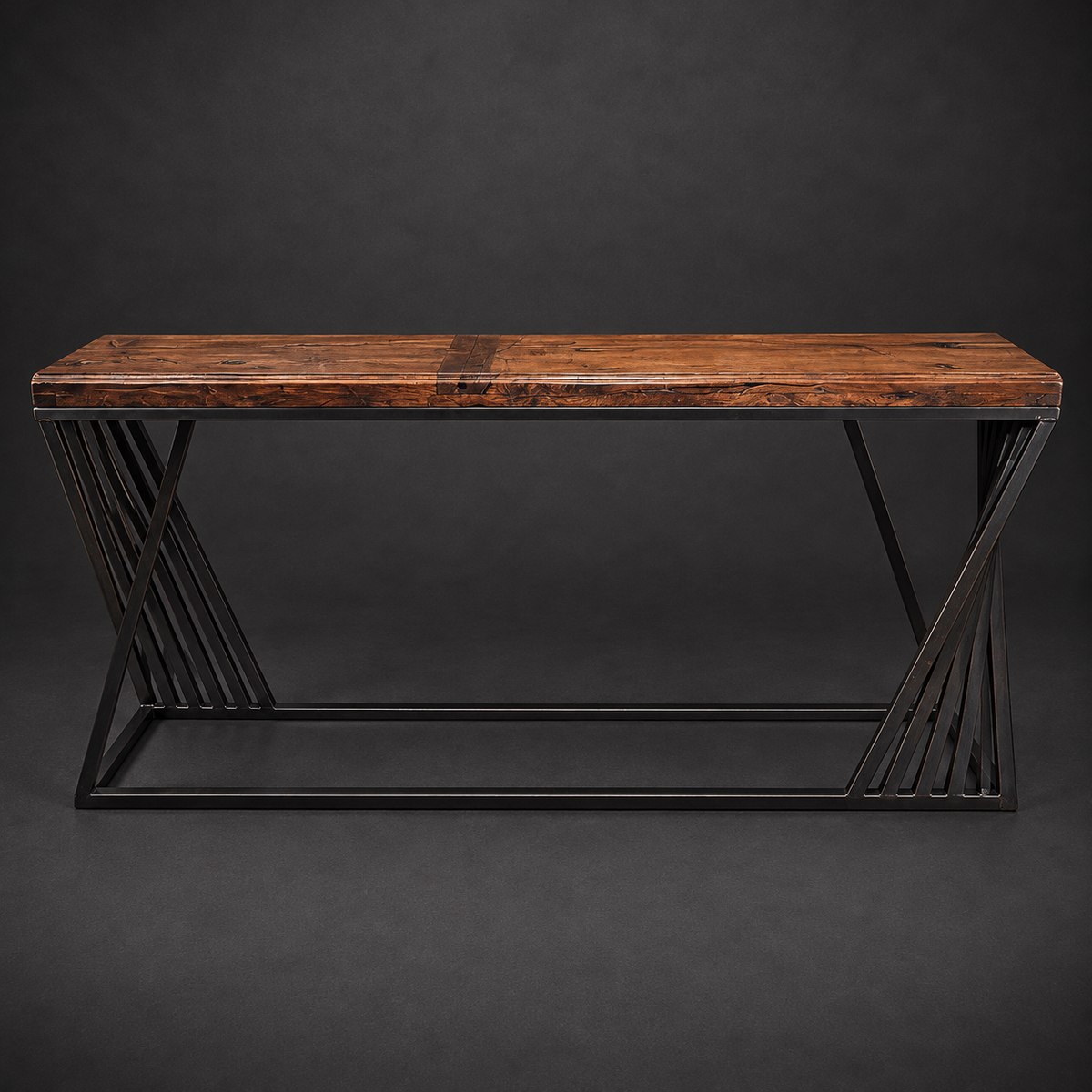 Mesquite Console Table with Geometric Black Iron Base – Model 1266C
