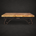 1212AA rectangular travertine coffee table with handcrafted black wrought iron base