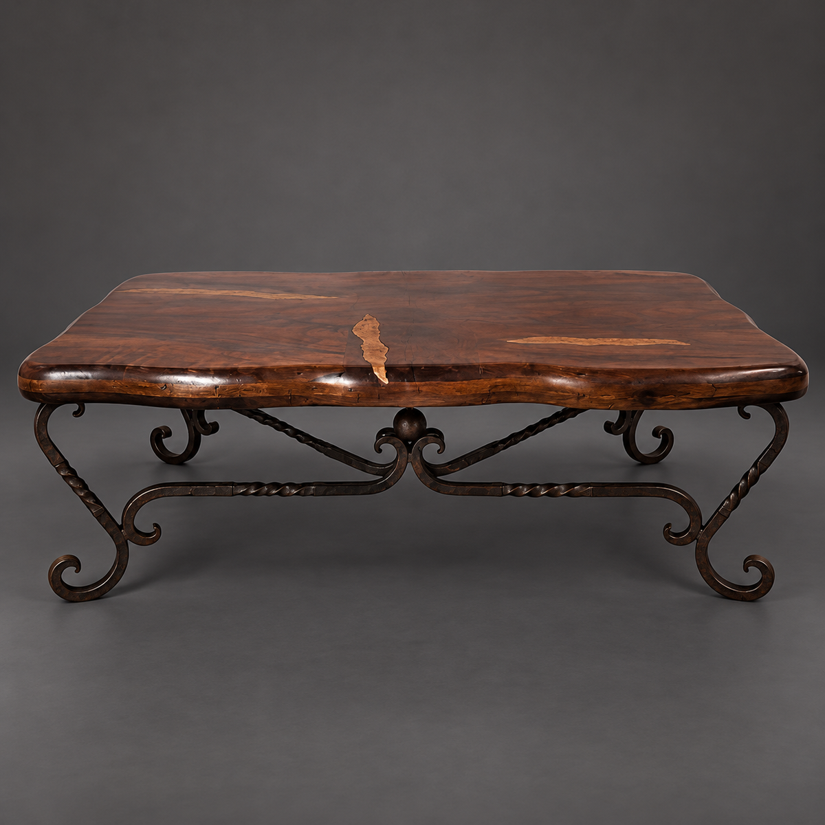 Mesquite Free Form Coffee Table with Hand-Forged Iron Base – Model 1211AA