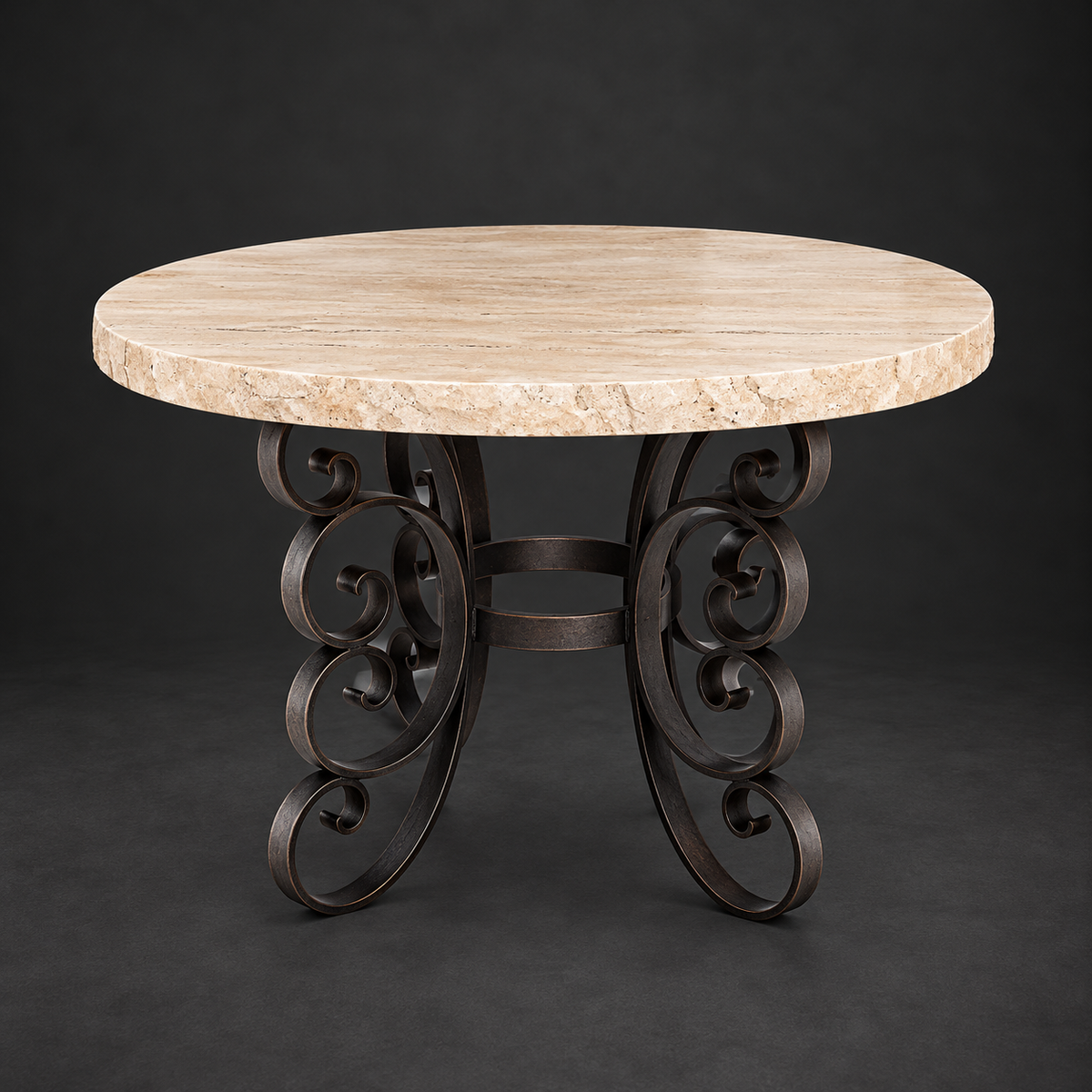 Round Travertine Dining Table with Scrollwork Iron Base | 1247 D
