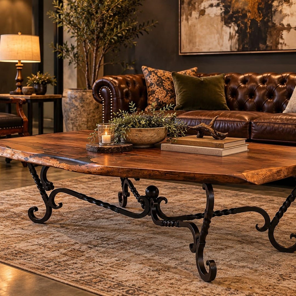 Mesquite Live Edge Scrollwork Coffee Table – Model 1211 AA
