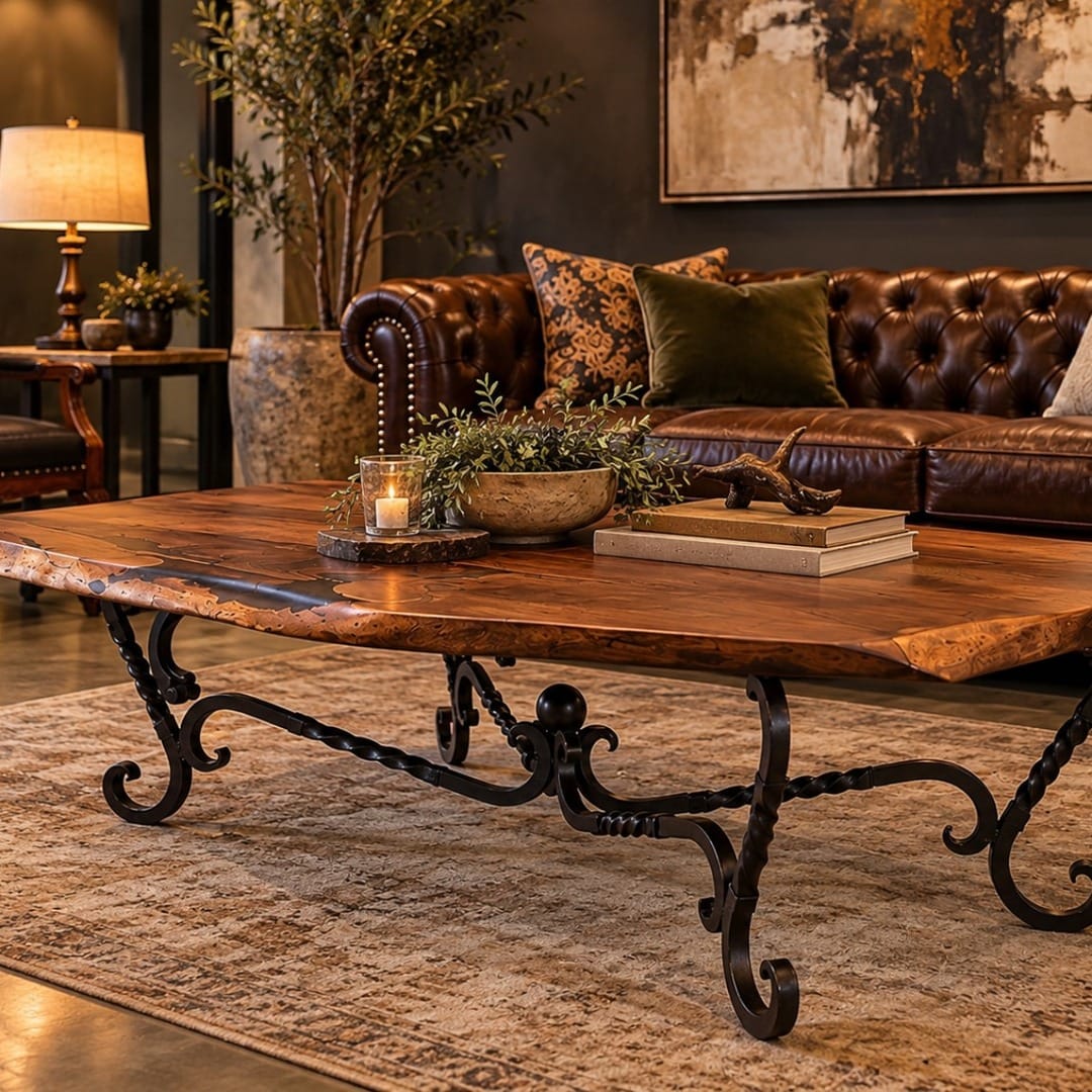 Mesquite Live Edge Scrollwork Coffee Table – Model 1211 AA