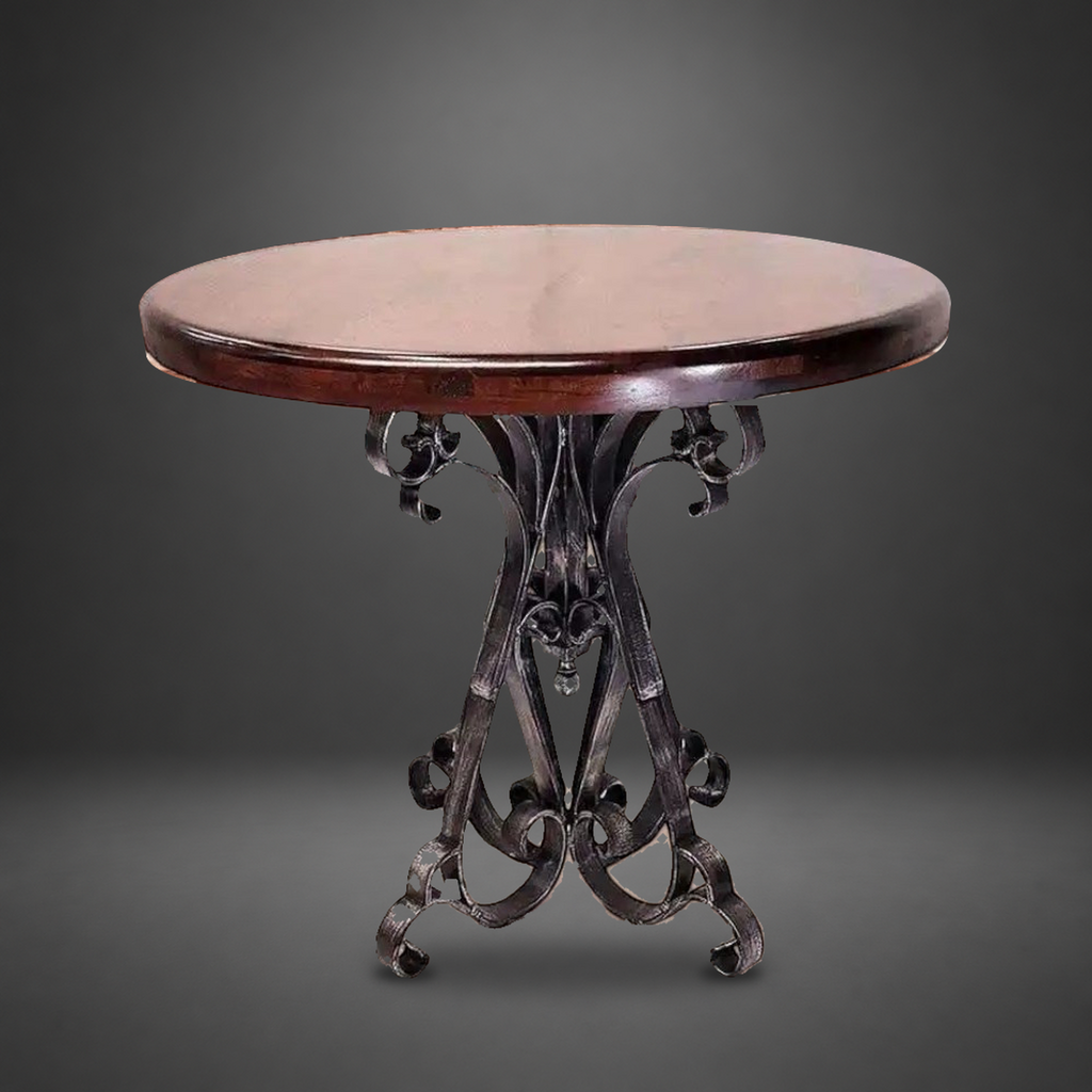 1215E round oxidized copper pub table with turquoise patina and hand-forged iron base