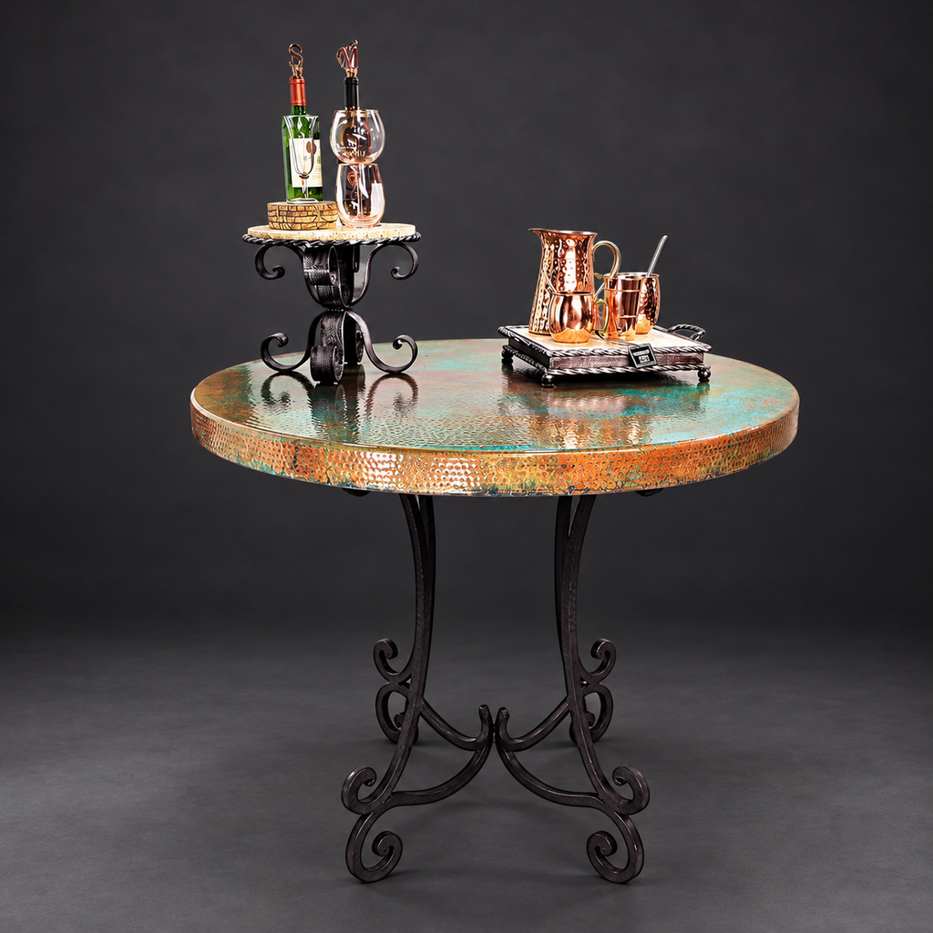 Round Oxidized Copper Pub Table with Hand-Forged Iron Base – Model 1215E